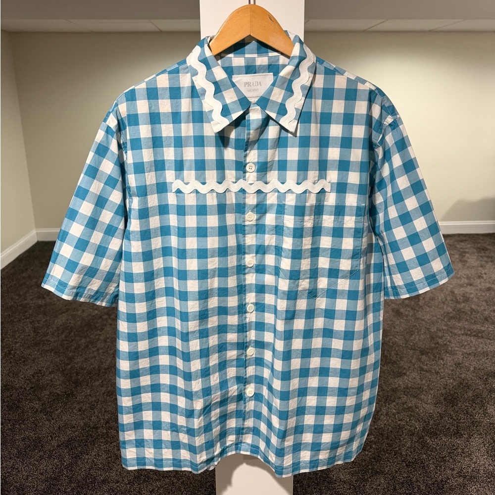 PRADA x Raf SS23 Gingham Blue Wave Plaid Stripe Button Up Logo Shirt